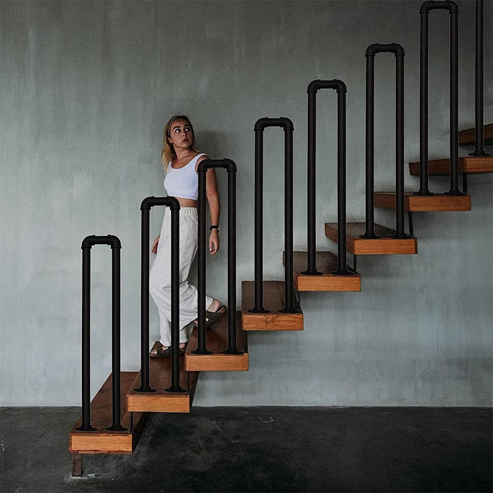 Hand Rails For Indoor Stairs, Modern U Shaped Handrails With S Scroll Outdoor Steps Matte Black Industrial Wrought Iron Stair Railing Porch Garden Loft Corrido - View #10