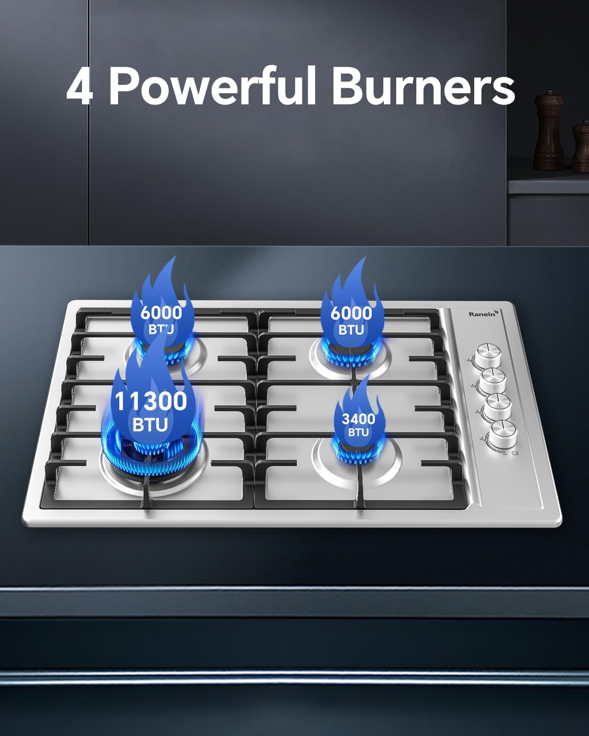 Ranein 30 Inch 4 Burner Gas Cooktop, NG/LPG Convertible Gas Stove Top, 304 Stainless Steel with Thermocouple Flameout Protection for Kitchens, Apartments, RVs