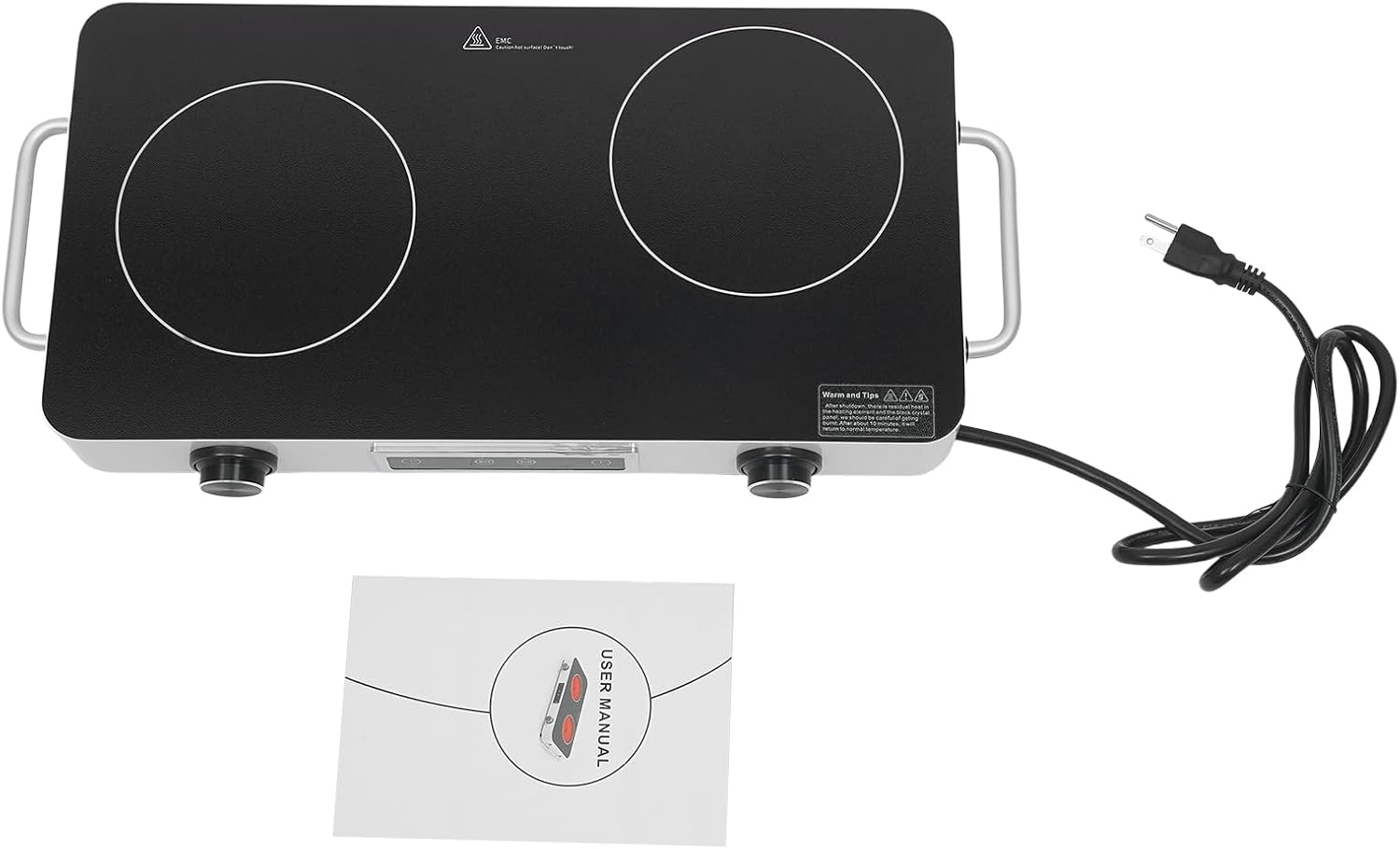 2 Burners Electric Cooktop with 9 Power Gears, 110V 2200W Portable Stove Top with Knob Control, Child Safety Lock & Timer, Countertop Electric Hot Plate with Overheat Protection (Black + Silver)