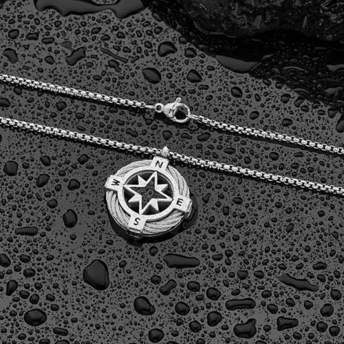 Stainless Steel Compass Necklace for Men, Silver Pendant Necklace for Men, North Star Design, Durable & Fade-Resistant Jewelry Gift for Him