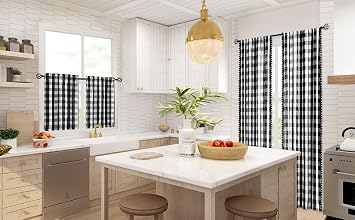 Treatmentex Buffalo Check Curtains and Kitchen Tier Curtains, Black