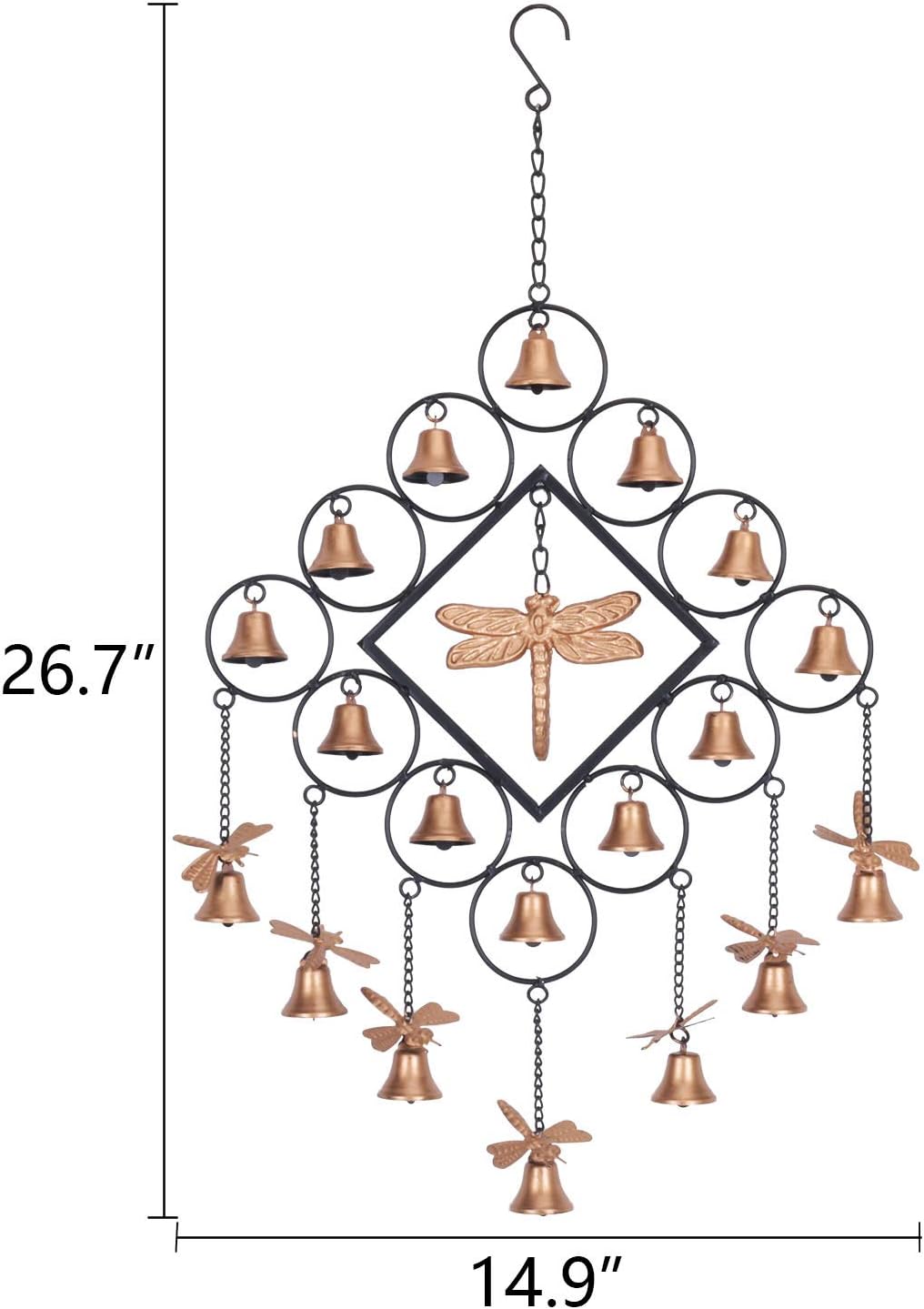 Yamfurvo Distressed Metal Dragonfly Wind Chime, Unique Diamond Shape Wind Bell Chime with Hook, Decorative Chime for Garden, Patio, Balcony (Gold)