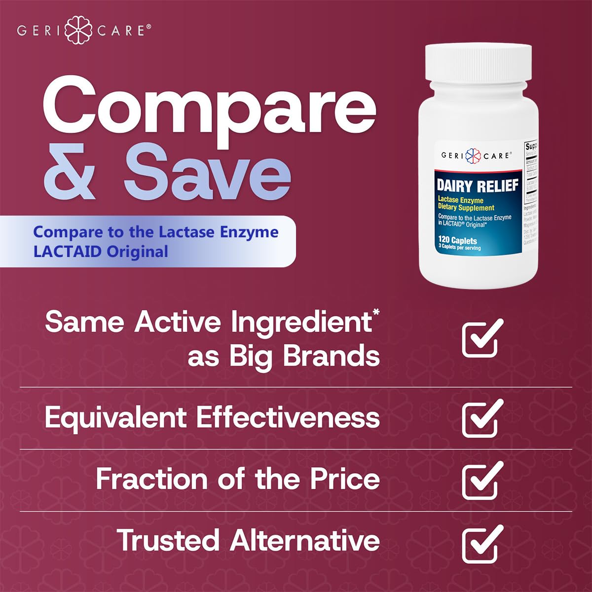 GeriCare Lactase Enzyme Dairy Relief Caplets – 3000 FCC Units, Digestive Enzyme Supplement for Dairy Products, for Better Lactose Digestion, Helps Prevent Gas, Bloating & Stomach Discomfort, 120 Count — Amazon image 4