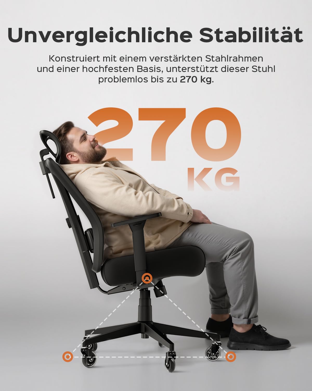 Dowinx Bürostuhl 270 kg, Ergonomischer Schreibtischstuhl mit Dicker Sitzpolsterung, Verstellbarer Lendenstütze, Höhenverstellbarer Rückenlehne, 3D-Armlehnen, Metall-Fuß, Schwarz