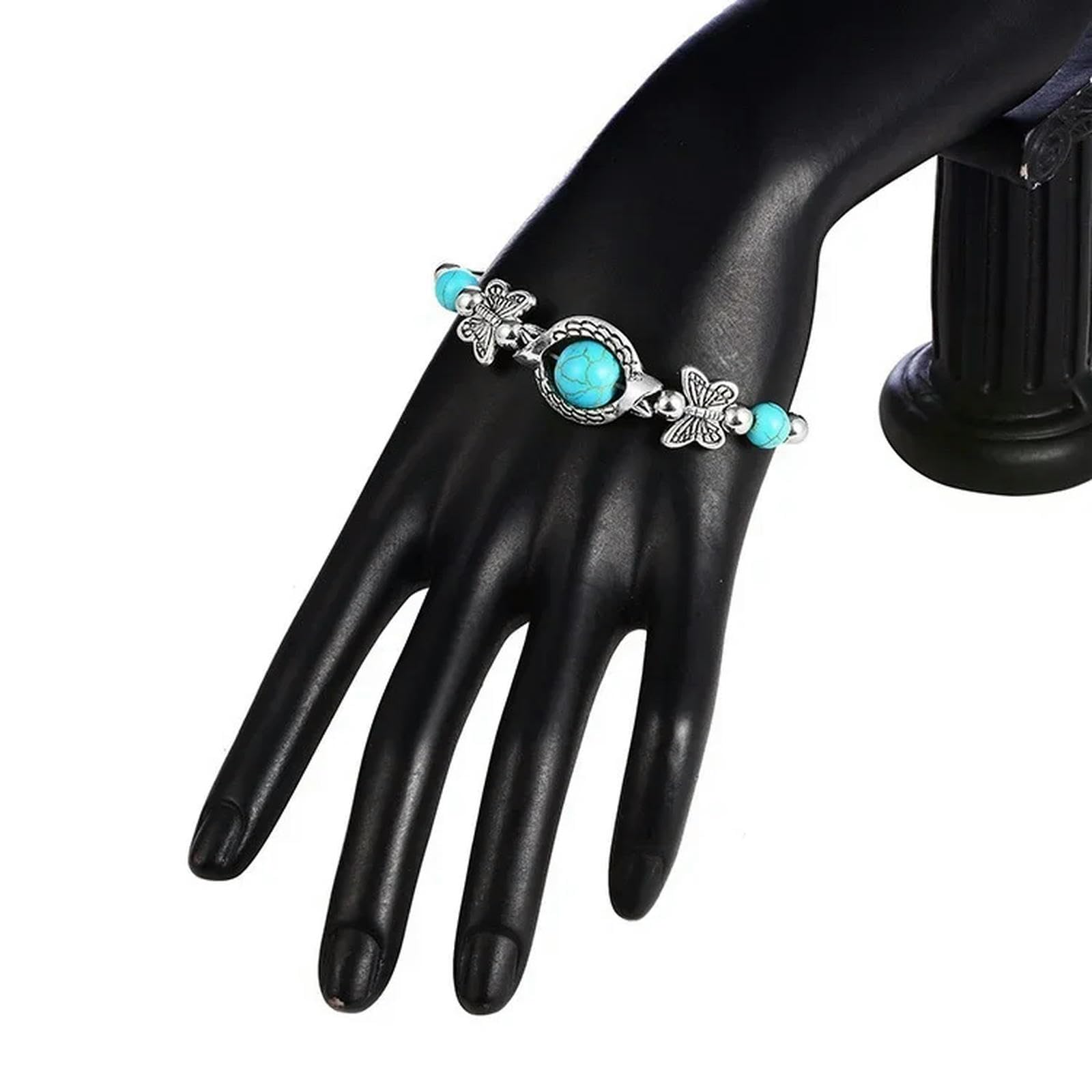 King Trendy Mujer Pulsera de Mariposa Patrón Tallado Personalidad Cuentas Turquesa Cadena de Mano