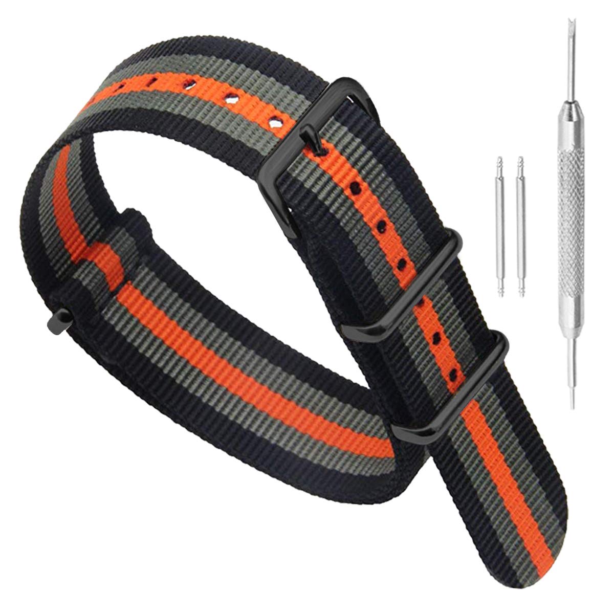20mm Black/Grey/Orange Luxury Exquisite Men's one-Piece NATO Style Nylon Perlon Watch Bands Straps