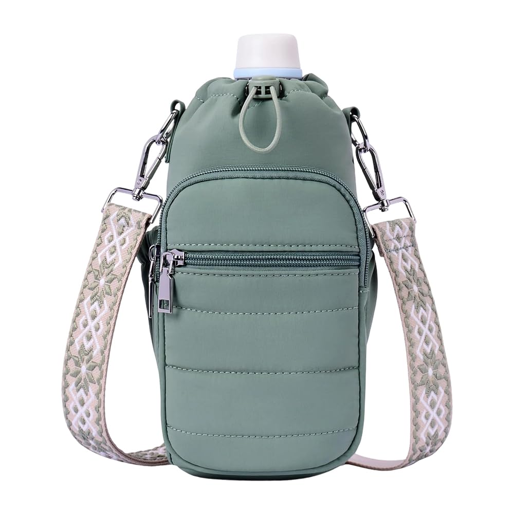 JOAASU Water Bottle Carrier Bag, 1200ml/40oz Insulated Water Bottle Holder with Adjustable Crossbody Strap, Phone Pocket, Card Slots, Key Hook & Side Pockets for Hiking, Walking, Gym & Travel (Green)