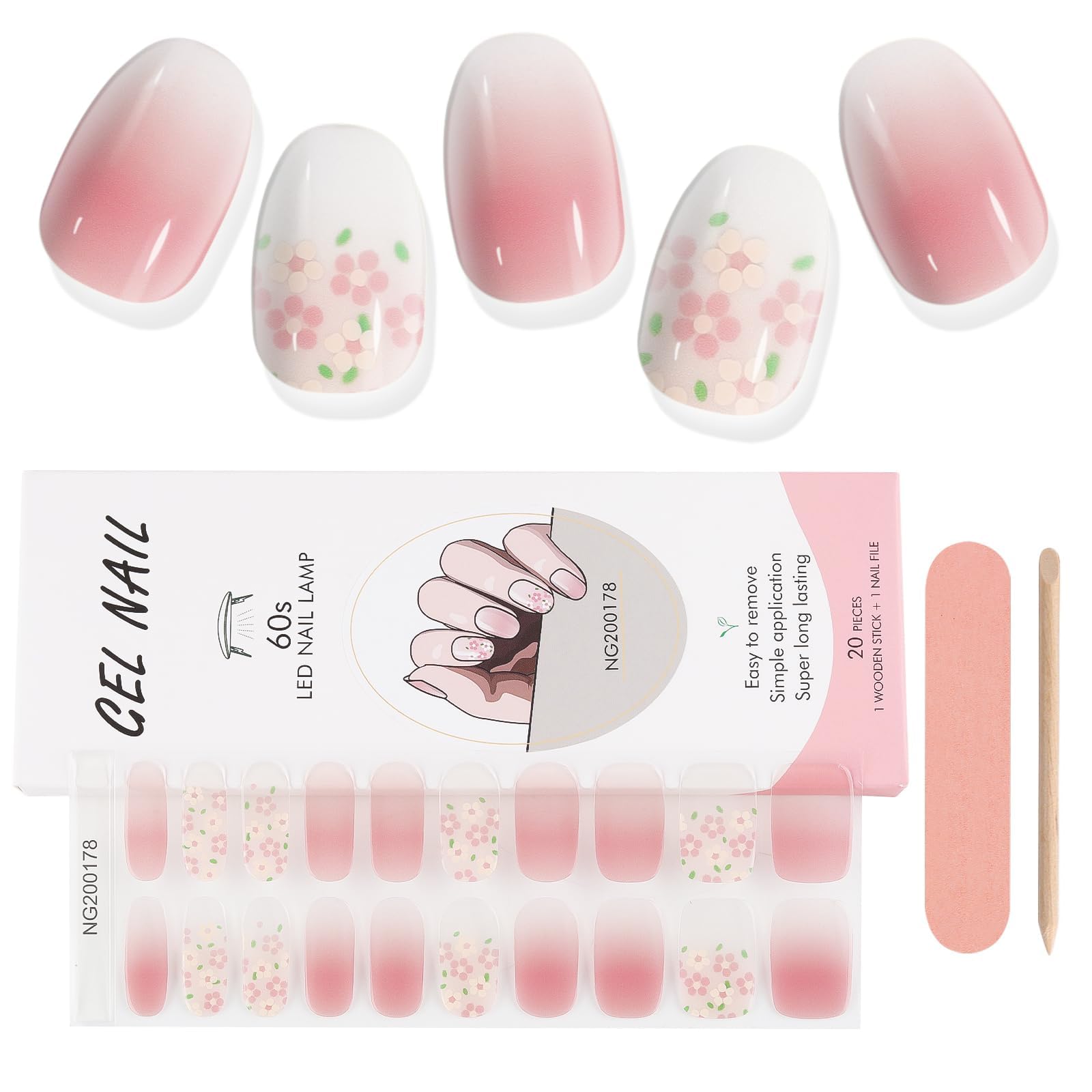 Kalolary Spring Gel Nail Strips, Pink Flower Full Wrap Gel Nail Polish Stickers, Brighter and Long Lasting Salon Quality, Nail File & Wood Stick(UV/LED Lamp Required Spring Flower