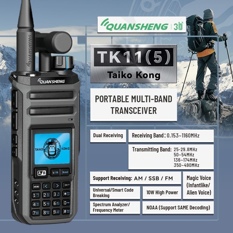 Front view of QuanSheng TK11(5) walkie talkie with key features highlighted