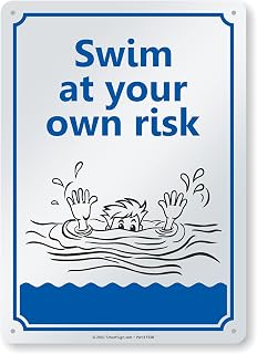 SmartSign 14 x 10 inch “Swim At Your Own Risk” Metal Sign with Funny Graphic, 40 mil Laminated Aluminum, Blue, Black and White