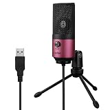 FIFINE USB Microphone, Condenser Podcast Mic with Volume Knob Control, Metal Tripod Stand, USB Cable for Recording, Online Meeting, Streaming, Video Conferencing, PC Desk Microphone-K669 Rose Red