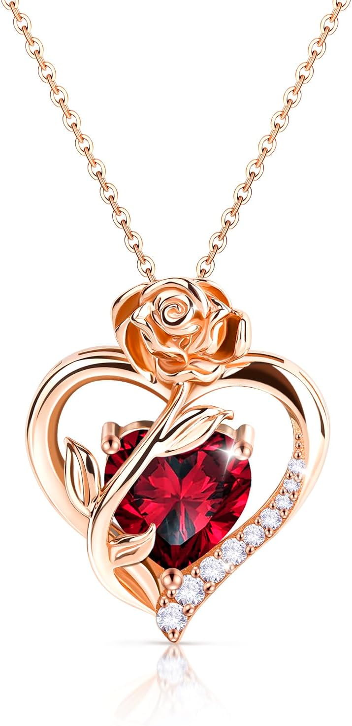 Heart Birthstone Rose Necklace for Women: Genuine 925 Sterling Silver Rose Gold Pendant Dainty Necklace Gold Jewelry Valentines Christmas Anniversary Birthday Gifts for Wife Mom Daughter