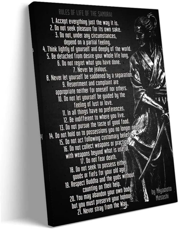 Japanese Samurai Wall Art Framed Life Rules Wall Art Quotes Prints Black Motivational Poster For Room Decor Framed (12x18 inch)