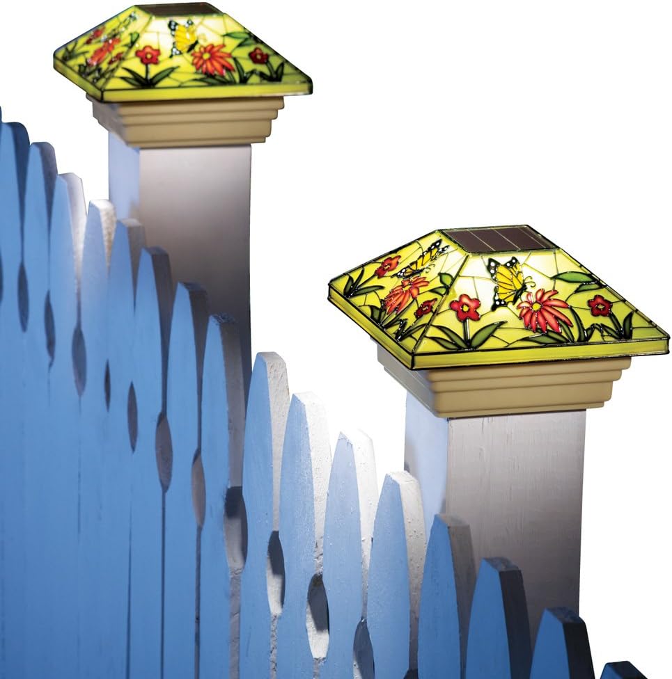 Collections Etc Solar Fence Stained Glass Effect Butterfly Post Light Cap, Yellow