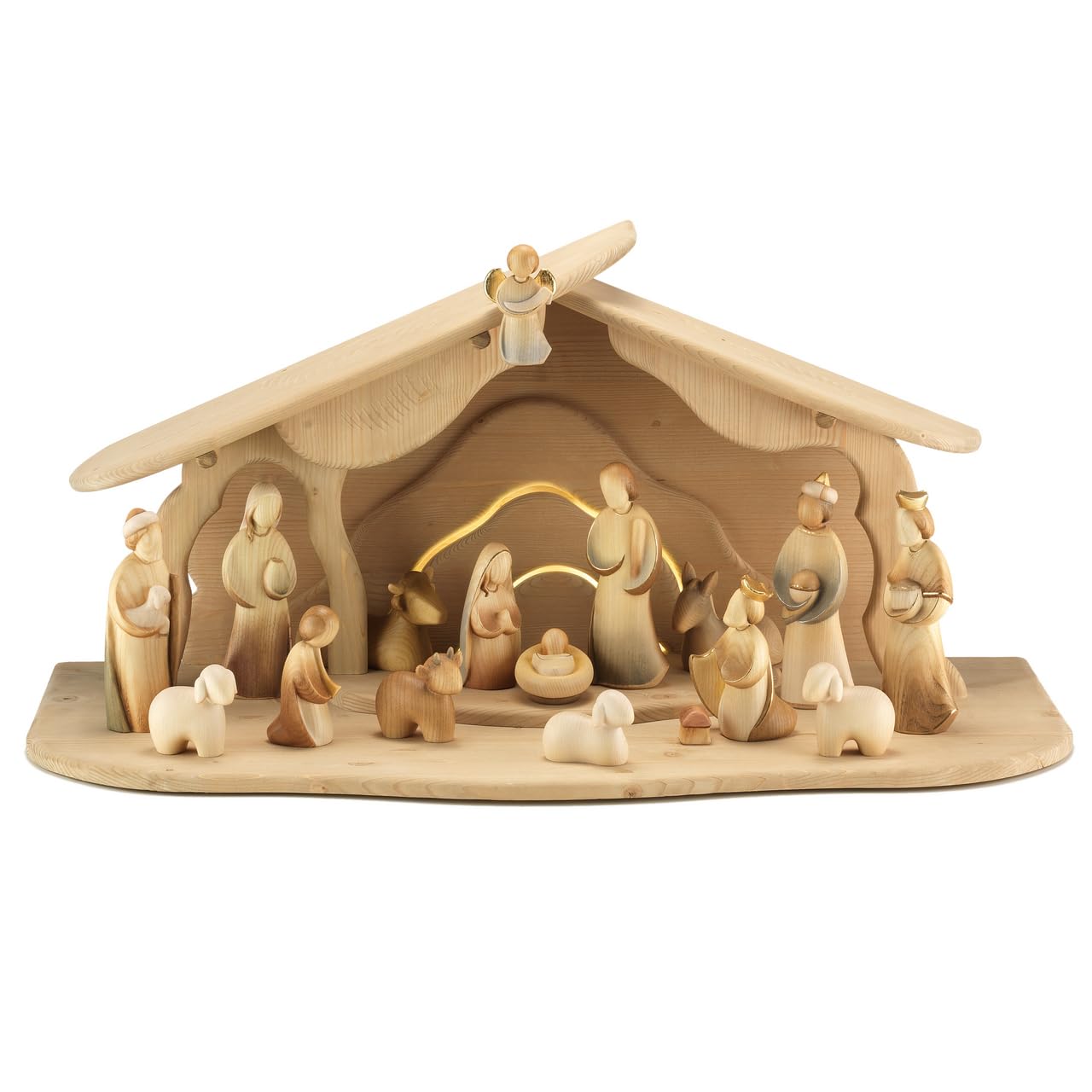 ArteSacraCaravaggio Weihnachtskrippen-Set 17 Stück à 12 cm mit Hütte, geschnitzt aus Holz von Valgardena von Hand dekoriert, handwerkliche Herstellung