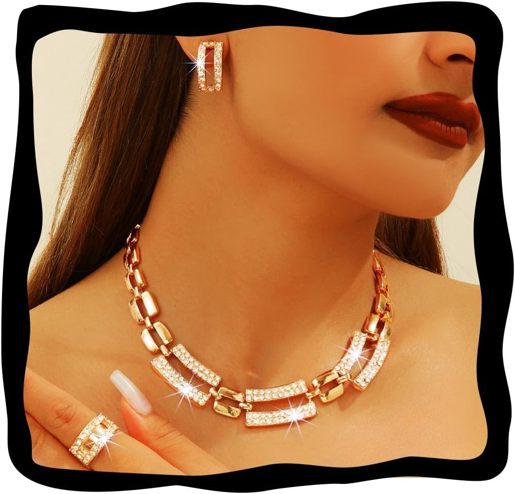 GORAIS Gold Wedding Jewelry Sets Rhinestone Choker Necklace Earrings Bracelet Ring Set for Women