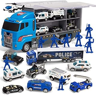 JOYIN 10 in 1 Die-cast Police Patrol Rescue Truck Mini Police Vehicles Truck Toy Set in Carrier Truck