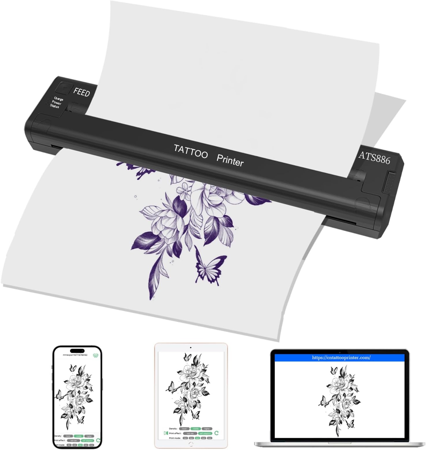 Yilong Wireless Bluetooth Tattoo Transfer Printer - Portable Machine for Artists & Beginners, Compatible with Android, iOS & PC (ATS886-Black)