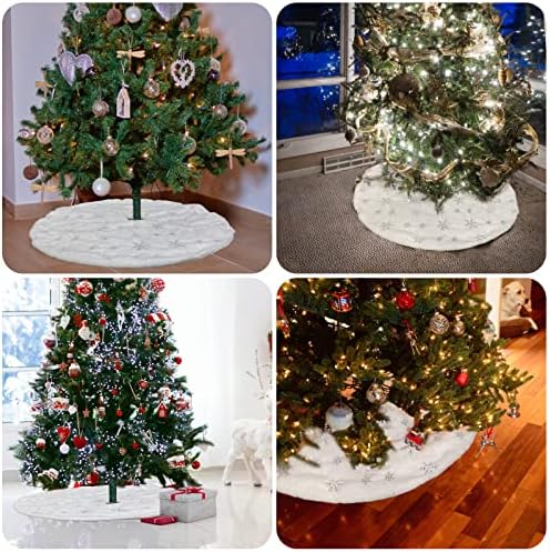 Christmas Tree Skirts, Jsdoin 36 Inch White Plush Double Layers Tree Skirt with Silver Snowflake Printed, Xmas Tree Base Cover for Christmas New Year Home Decoration(90cm)