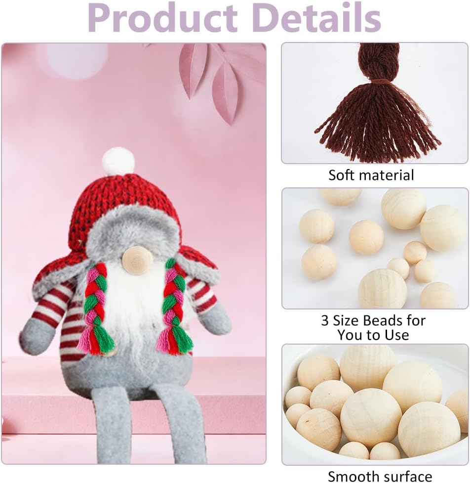 DICOSMETIC 40Pcs 7 Colors Gnome Braids Wood Beads Set Small Faux Doll Hair Braid 10/15/20mm Dwarf Nose Ball Doll Making Kit for Adult DIY Handmade Sewing Party Costume