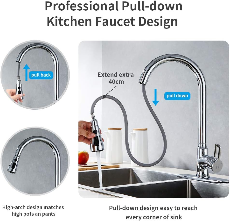 badiJum Kitchen Sink Faucets with Pull Down Sprayer Head Chrome Finsh Single Handle High Arc 1 or 3 Holes Commercial Modern Pullout Kitchen Faucet Dual Function with Deck Plate