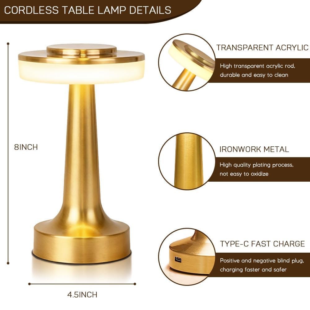 JHPGEOE Cordless Metal Desk Lamp, Touch Sensor Control LED Table Lamp, 3 Color Stepless Dimmable Battery Powered Lamp for Living Room, Dorm, Home Office (Gold) — view 5