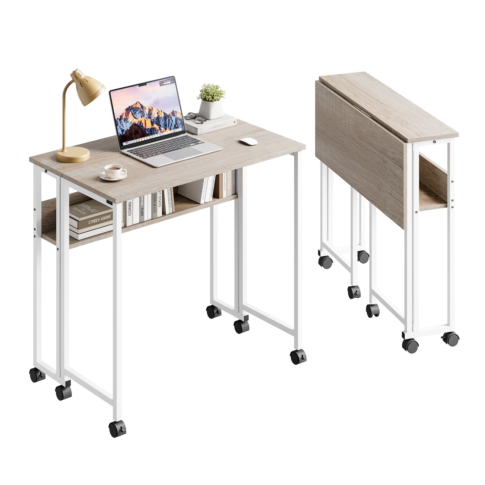 Dripex Folding Desk with Storage Shelf & Wheels, 80 x 50 cm Mobile Foldable Desk for Home Office, Space Saving Multipurpose Table for Small Space, Easy Assembly, Oak