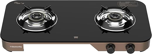 Butterfly Aeroline 2 Burner 3-Star Rated Glass Top Gas Stove | Wind Shield | Leak Proof European Valve
