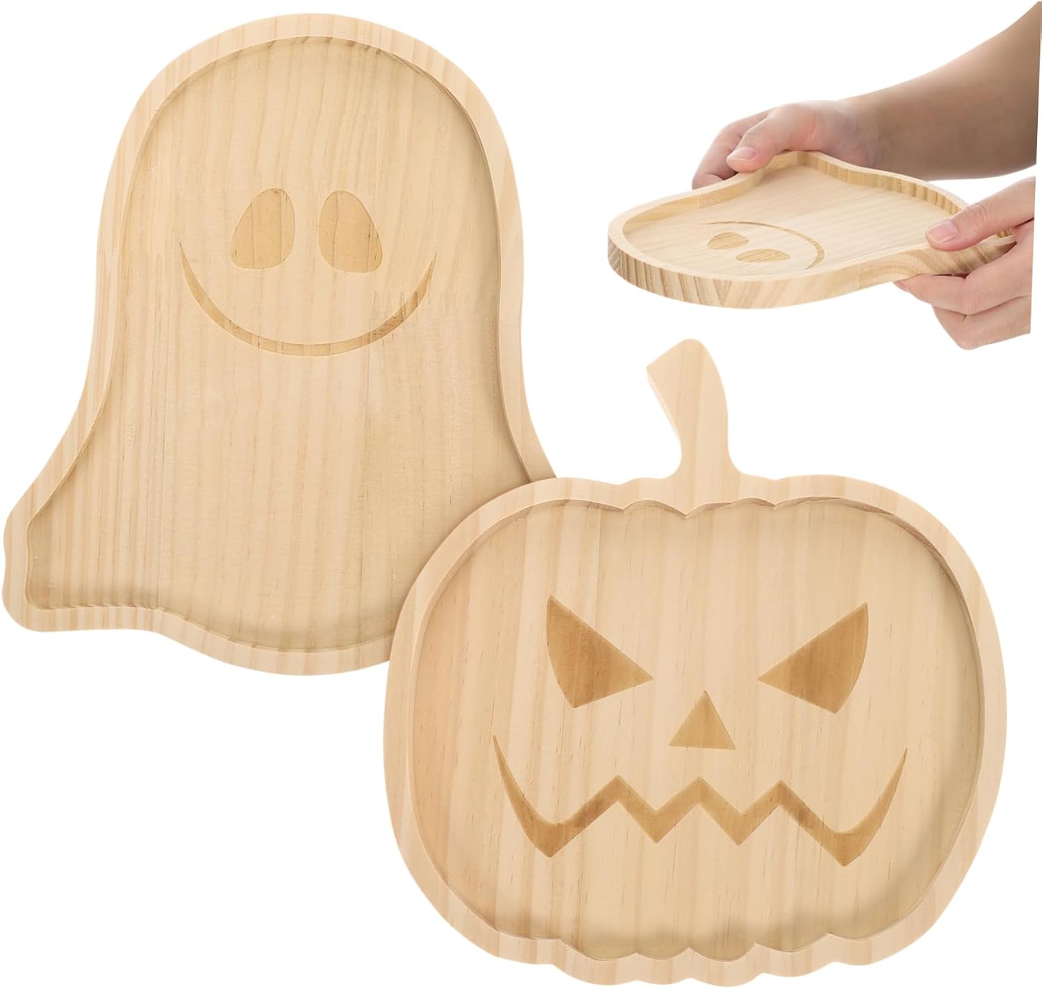 Halloween Wooden Pumpkin Tray and Ghost Snack Serving Dish 7.5 Inch Food Plate for Party Home Decor and Entertaining