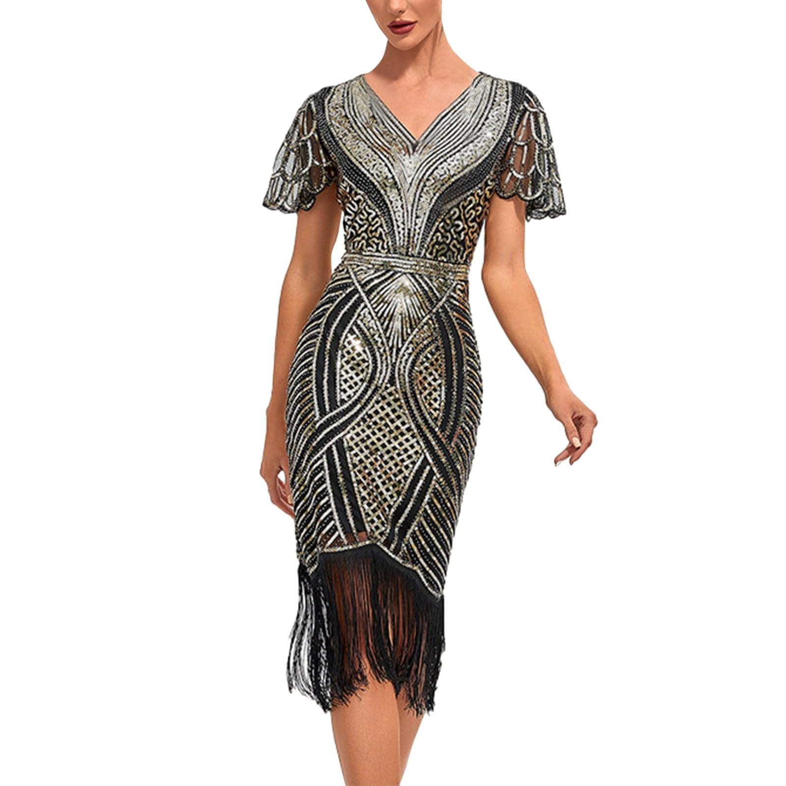 Generisch Robe rétro des années 1920 pour femme - Avec deux couches de pompons - Robe de soirée Charleston avec paillettes et col en V - Robe de soirée à thème des années 20