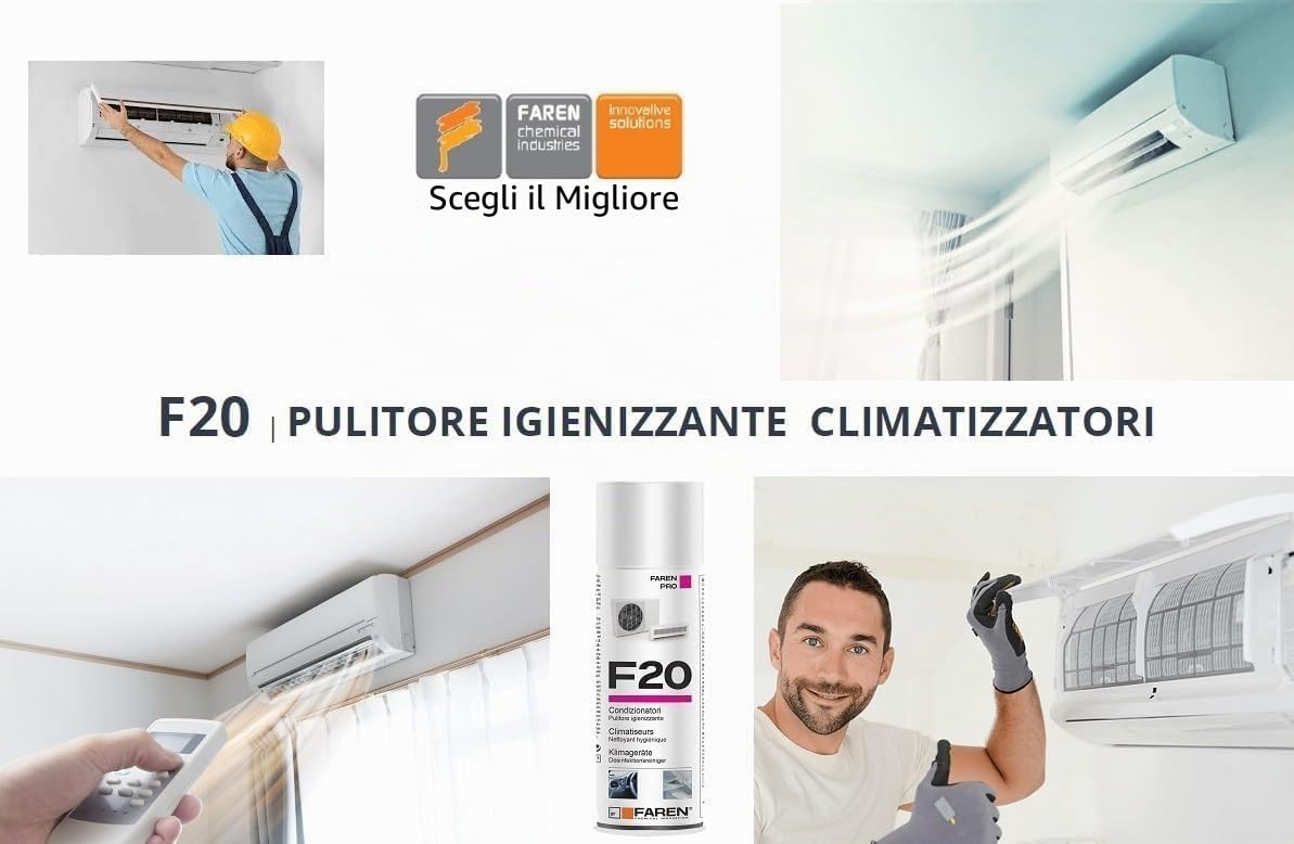 F20 Pulitore, Igienizzante Spray per Climatizzatori di Casa e Auto, gradevolmente profumato a base alcolica, Confezione da 12 Bombolette spray da 400ml