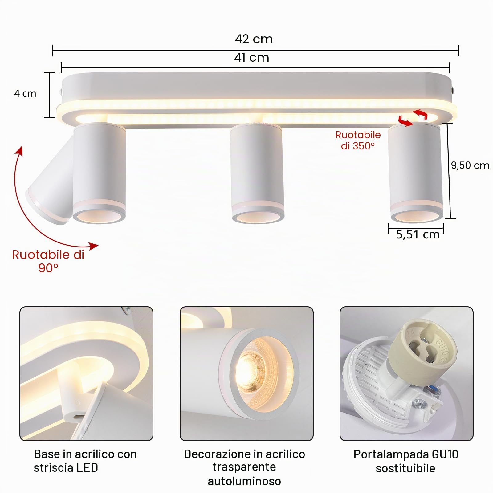 Faretti led Soffitto a 3 Fiamme Orientabile a 350°,Binario Faretti Soffitto 27W+3x5W Spot GU10, Faretto da Soffitto Bianco Caldo 3000K,Lampada da Soffitto Moderna,Faretto per Cucina, Soggiorno Bianco