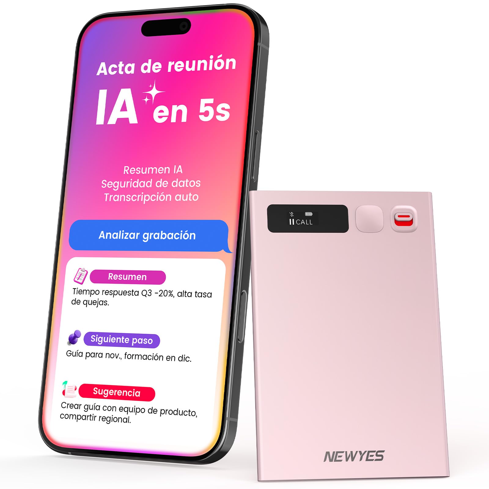 Grabadora de Voz NEWYES IA con aplicación dedicada,transcripción y Resumen,Duración de la batería de 35 Horas, 64 GB de Memoria para reuniones,conferencias, Llamadas,Negocios y Clases(Rosa)