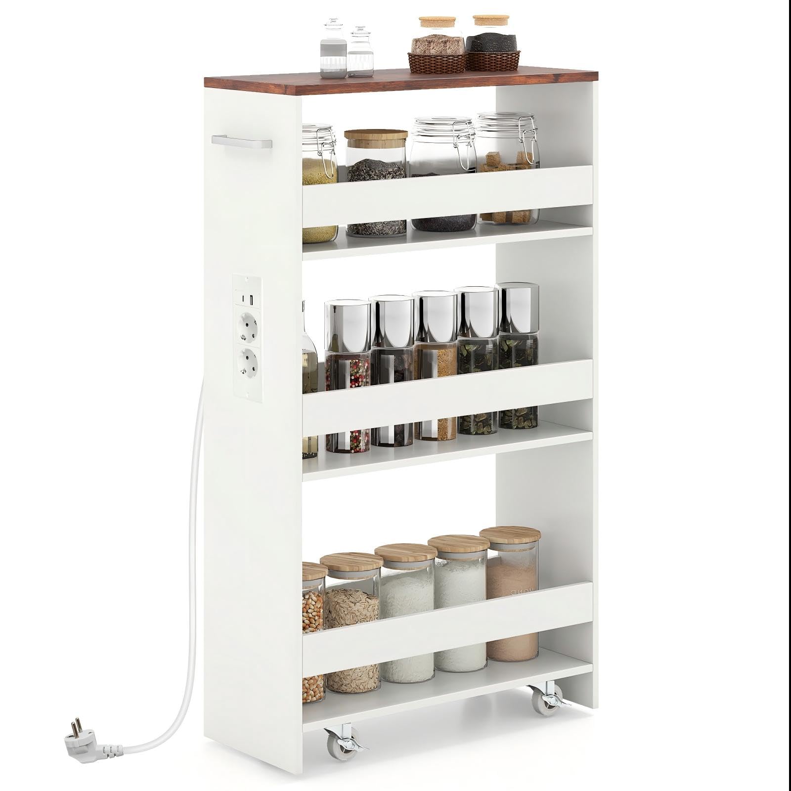 KOMFOTTEU Carro de Cocina de 4 Niveles, Carrito Auxiliar con Estación de Carga, Carrito Estrecho Ahorra Espacio con 4 Ruedas, Mueble de Almacenaje para Baño (Blanco e Industrial, 47,5 x 20 x 80,5 cm)