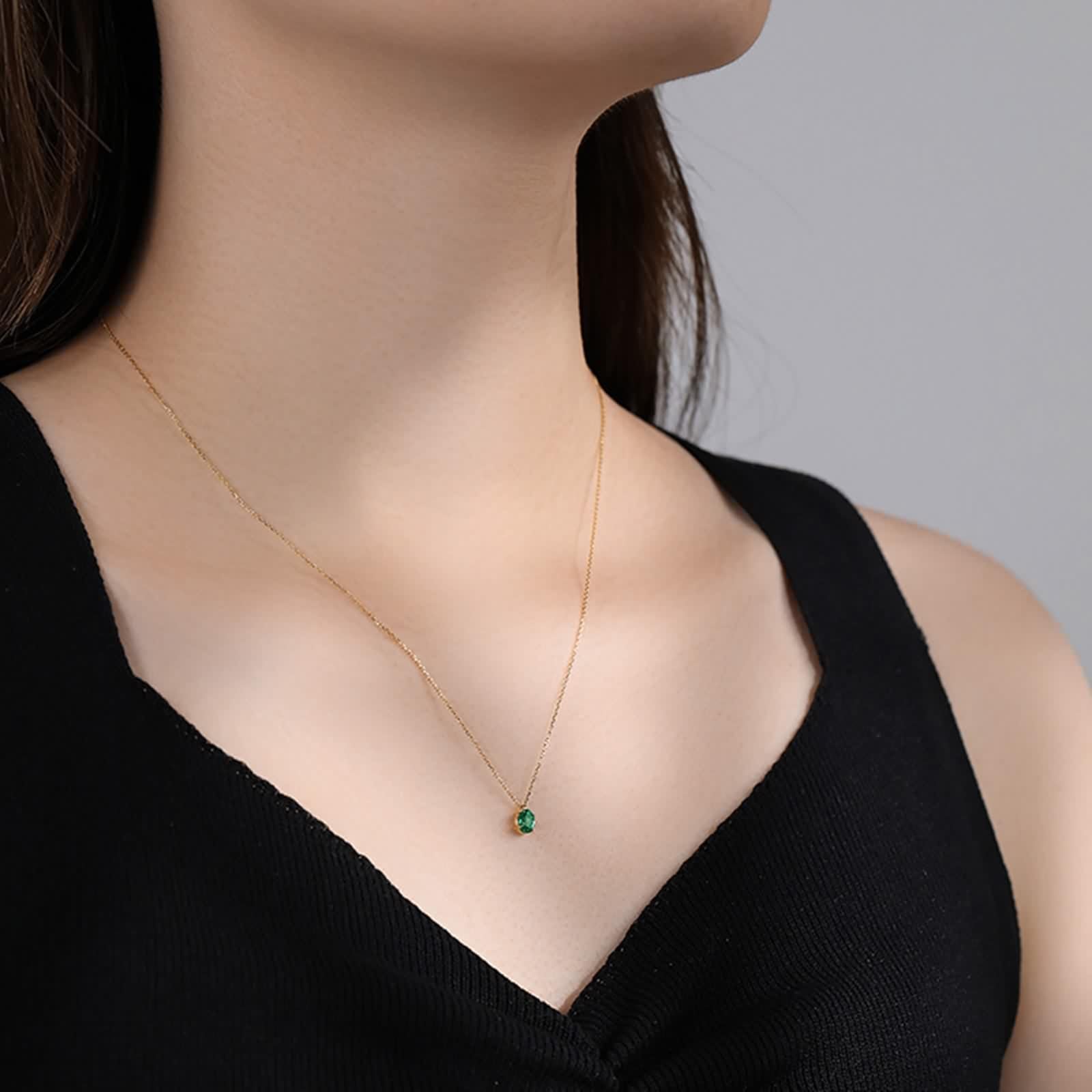 Collar de oro amarillo, collar largo para mujer, esmeralda verde, cadena con colgante de 1 quilate, moda para mamá, esposa, novia