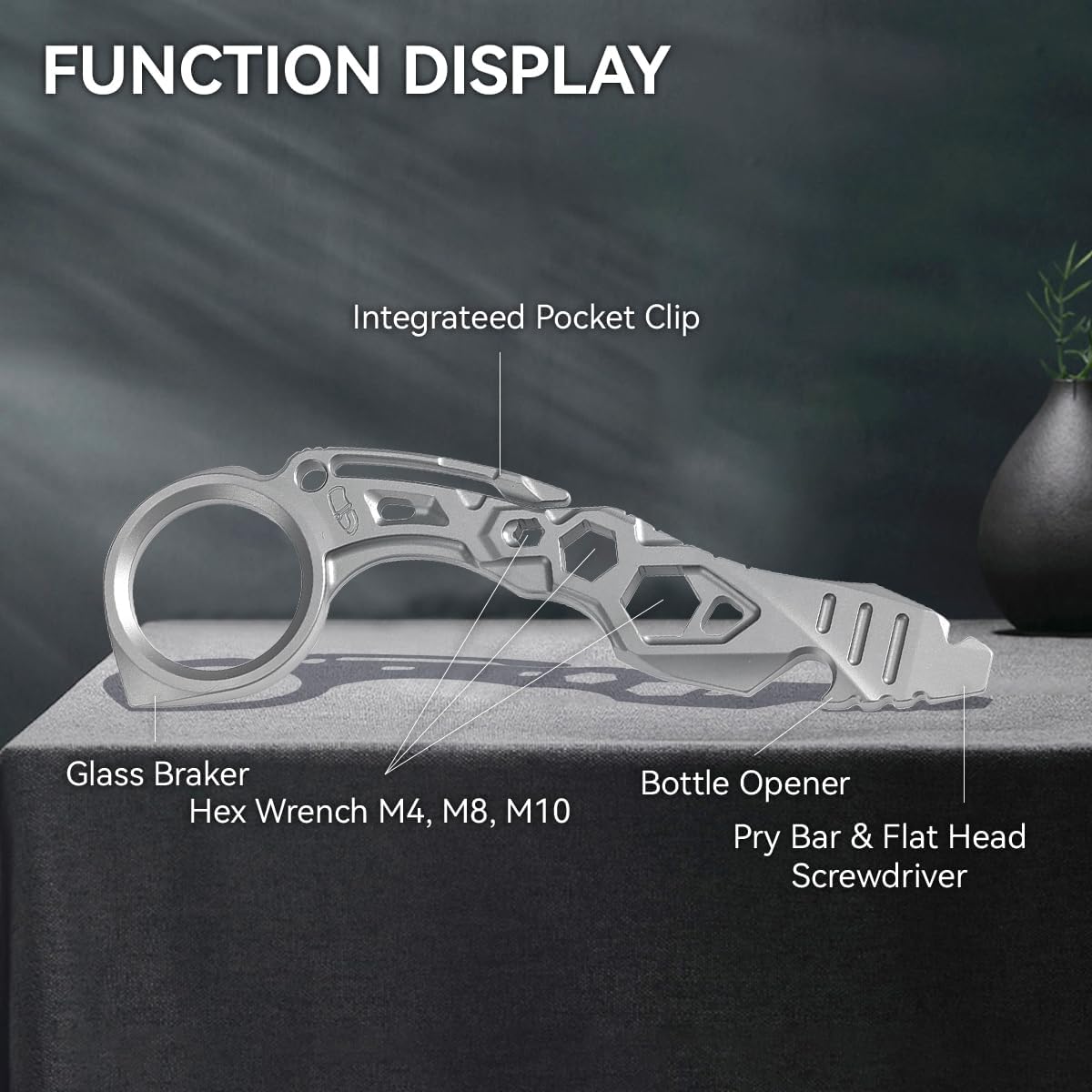 KANSEPT PryMate Plain Titanium Pry Bar Multitool with Glass Breaker, Bottle Opener, Hex Bit, Pocket Cilp or Keychain for Your Versatile Companion for Everyday Carry and Camping Accessories G008A1
