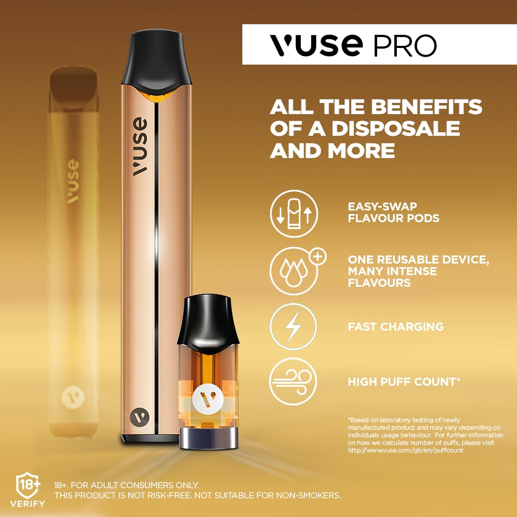 Vuse Pro Vape Kit - Slim Design, Fast Charging, Splash-Resistant,  Rechargeable, Refillable With Mint Ice 0mg Pods x2, No Nicotine, No  Tobacco, Gold : Amazon.co.uk: Health & Personal Care