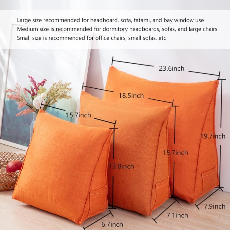 Triangular Reading Pillow with Side Pocket, Linen Backrest Support Cushion for Sofa Bed, (Vitality Orange, Medium 18.5 * 15.7 * 7.1in)