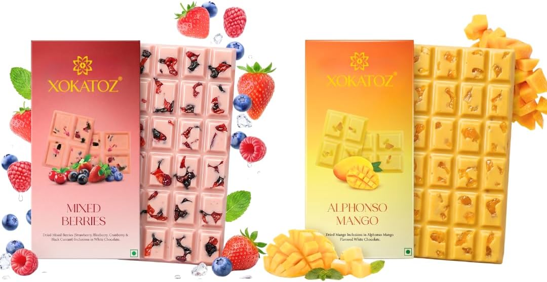 Premium Exotic Chocolate - 1 Mixed Berries and 1 Alphonso Mango Flavours - Flavored White Chocolate Bars - Gift Set - 2 Pack 160g (80g x 2)
