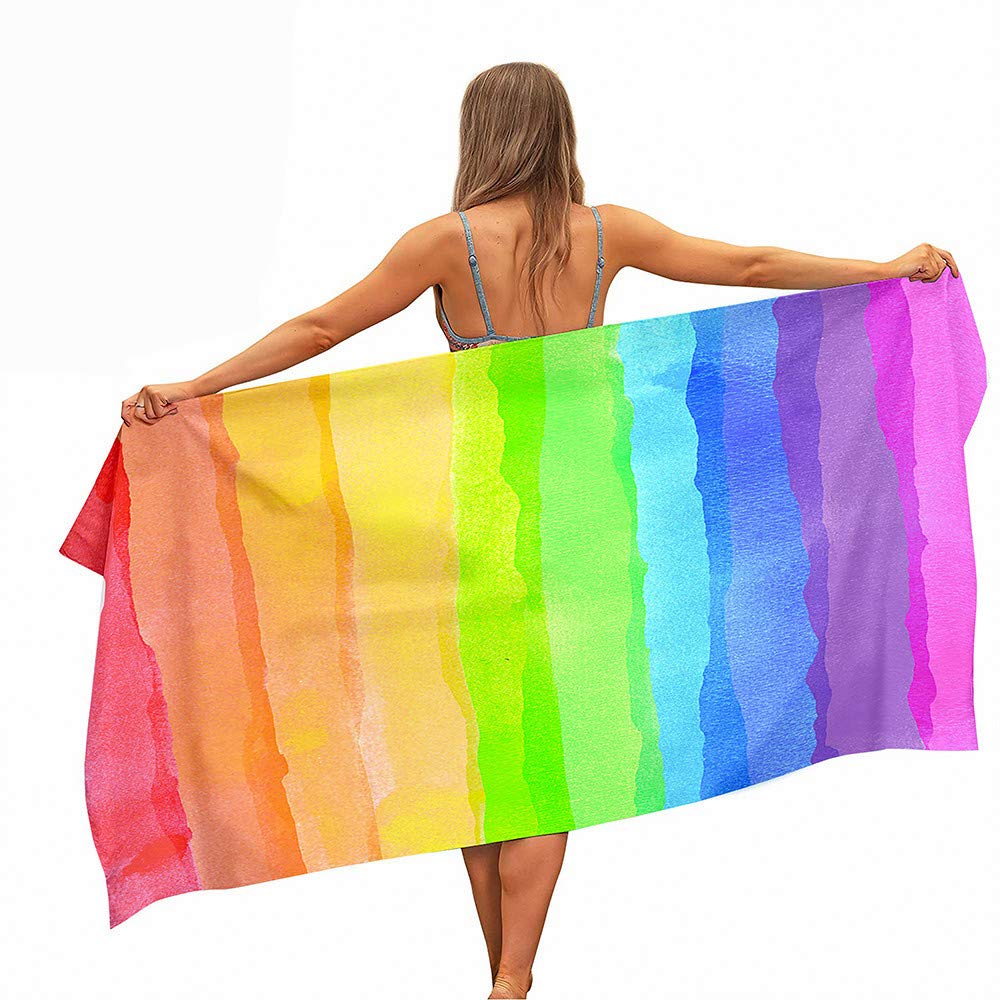 Surwin Girls Rainbow Colors Beach Bath Towel, Microfibre Quick Dry Extra Large Lightweight Super Soft Summer Towels Perfect For Travel, Swim, Camping, Fitness, Sports, Stripes Printing (,150X180cm)