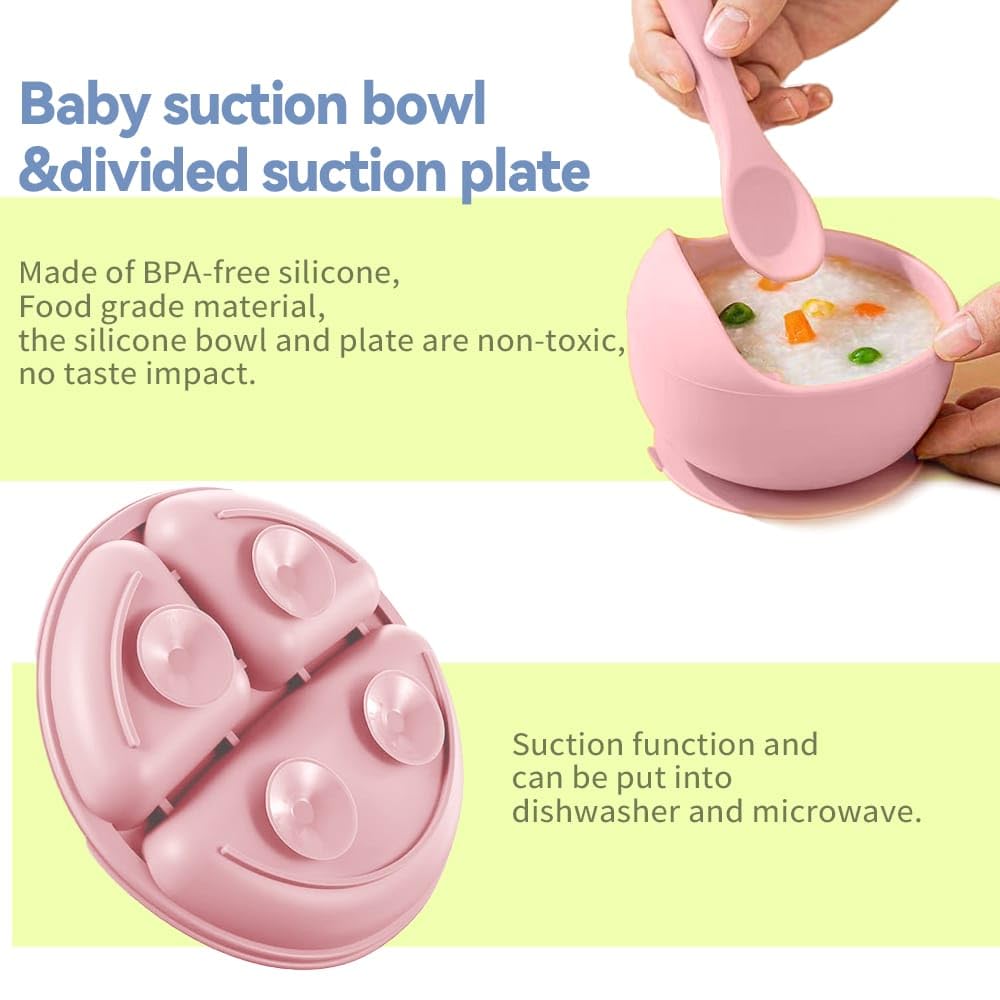 10-Piece Baby Weaning Set, Silicone Baby Plate Set with Suction, Baby Utensils with Adjustable Divided Bib, Cutlery, Spoons, and Straw, BABY FEEDING SET (PINK)