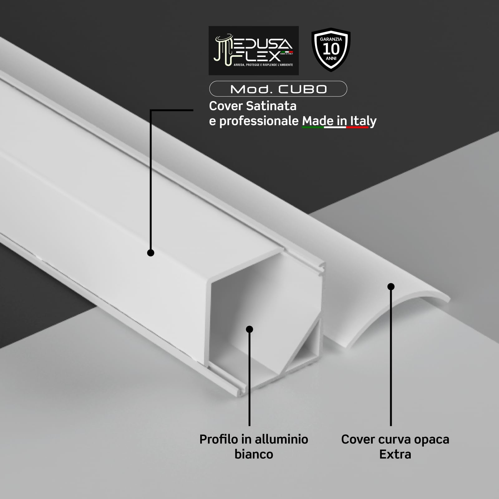 Profilo Alluminio Bianco Angolare per Strisce LED con copertura Professionale Satinata Made in Italy MedusaFlex CUBO in Policarbonato - Pacco da 10 (20m) 2000x15.8x15.8mm Cover standard opaca inclusa