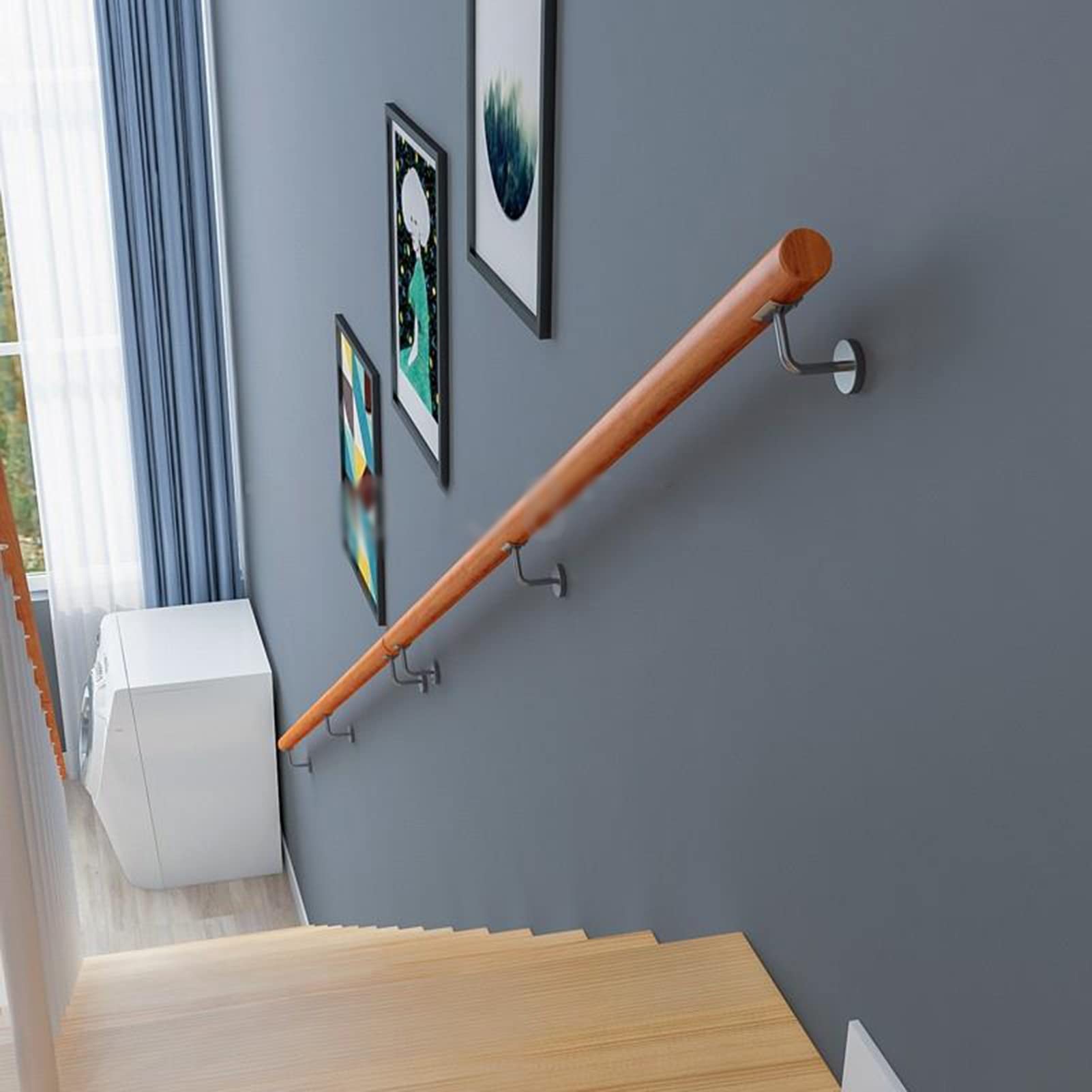 Barandilla de seguridad redonda de madera ajustable para montaje en pared, barra de soporte para personas mayores con soporte de metal, solución segura de seguridad para pasillo