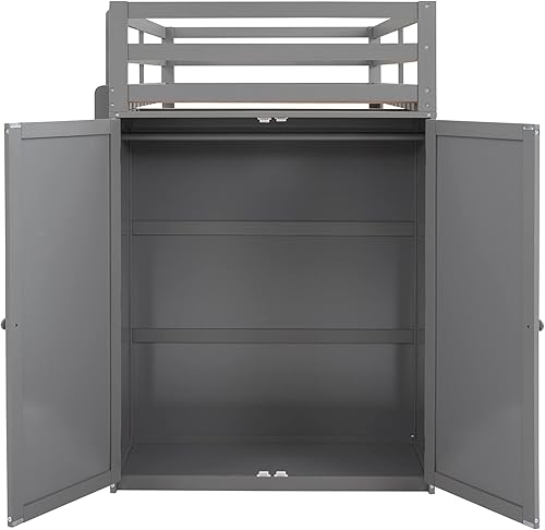 Miniatura 231 de Cama alta funcional tamaño individual con 2 cajones y 2 armarios, base de cama de madera maciza con barandilla de seguridad y escalera de