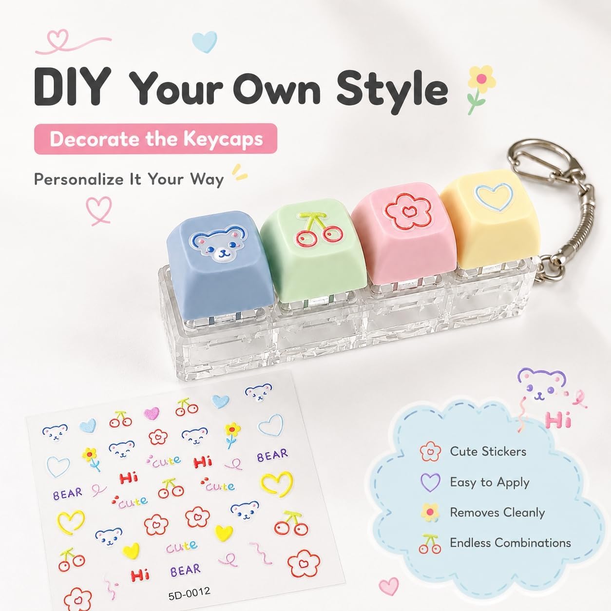 Keyboard Fidget Clicker Fidget Toy - 4-Key Mechanical ASMR Keyboard Keychain with DIY Cute Stickers, Tactile Desk Toy for Anxiety & Stress Relief, Portable EDC Fidgets for Adults