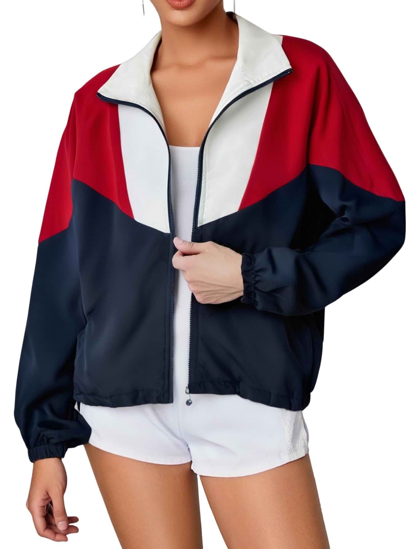 WDIRARA Women's Color Block Zip Up Lightweight Jacket Patchwork Sporty 80s Windbreaker Jacket Long Sleeve