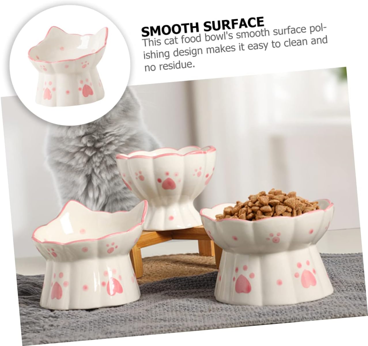 2pcs Elevated Ceramic Cat Food Bowl with Tilted Design for Comfortable Eating Reusable Pet Bowls with Cat Ear Decoration Easy to Clean