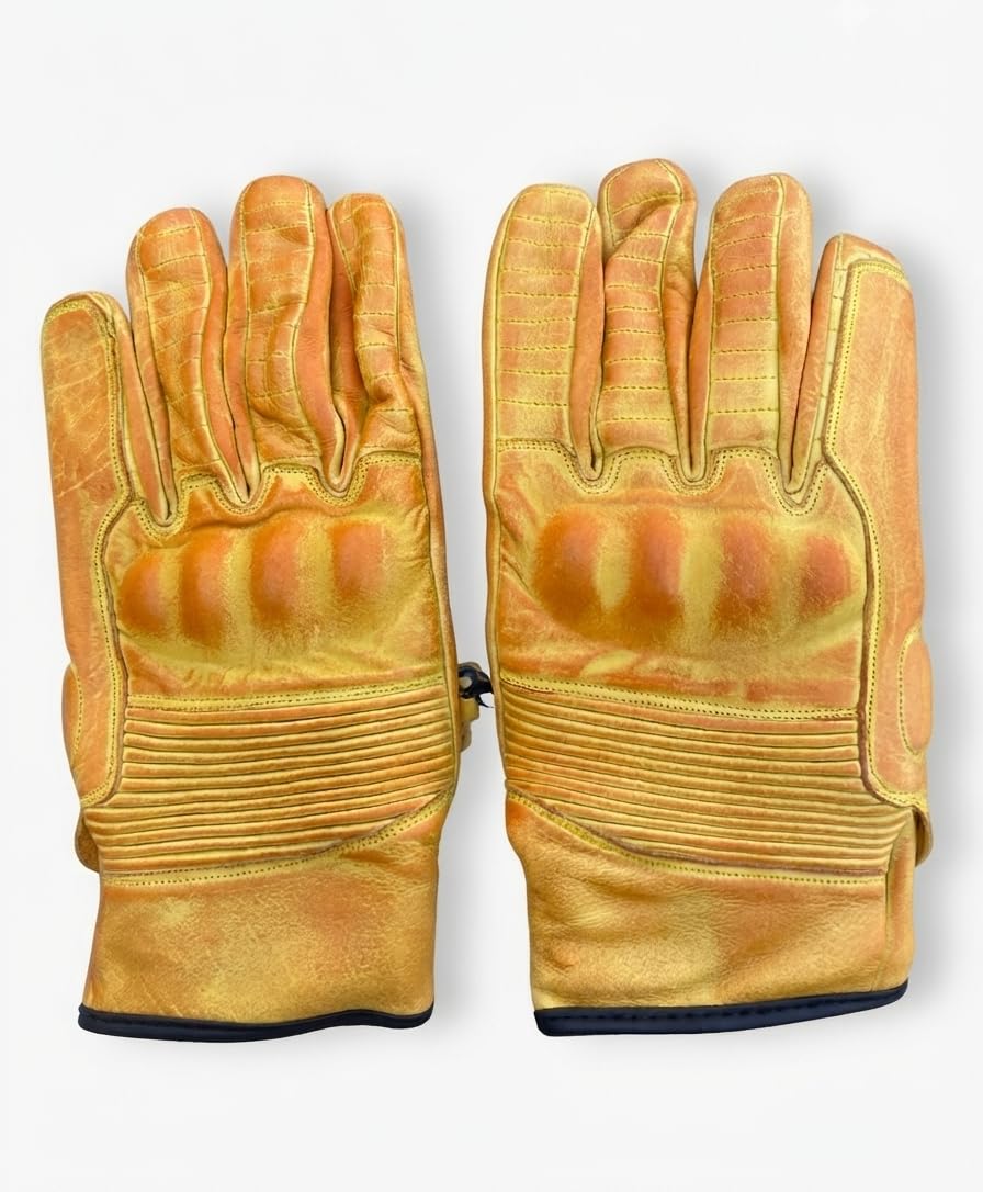 Gants de moto en cuir ciré élastique style détresse classique Chopper Cruiser Fashion Adventure Rider - Jaune - Taille L