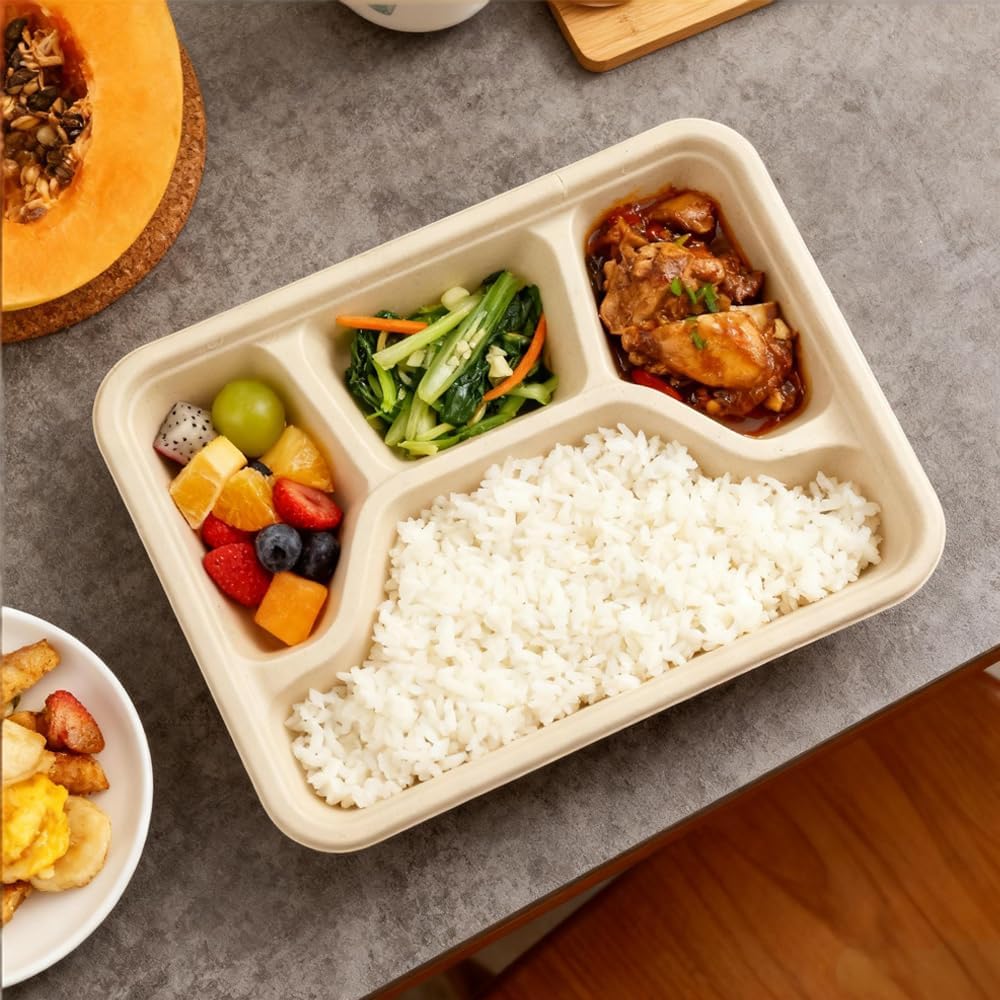 50 Pack 4-Compartment disposable lunch trays – 9"x7" Heavy Duty Compostable Sugarcane Plates, Deep Divided Bagasse Lunch Trays for Dinner, Buffet, Party - Image 4
