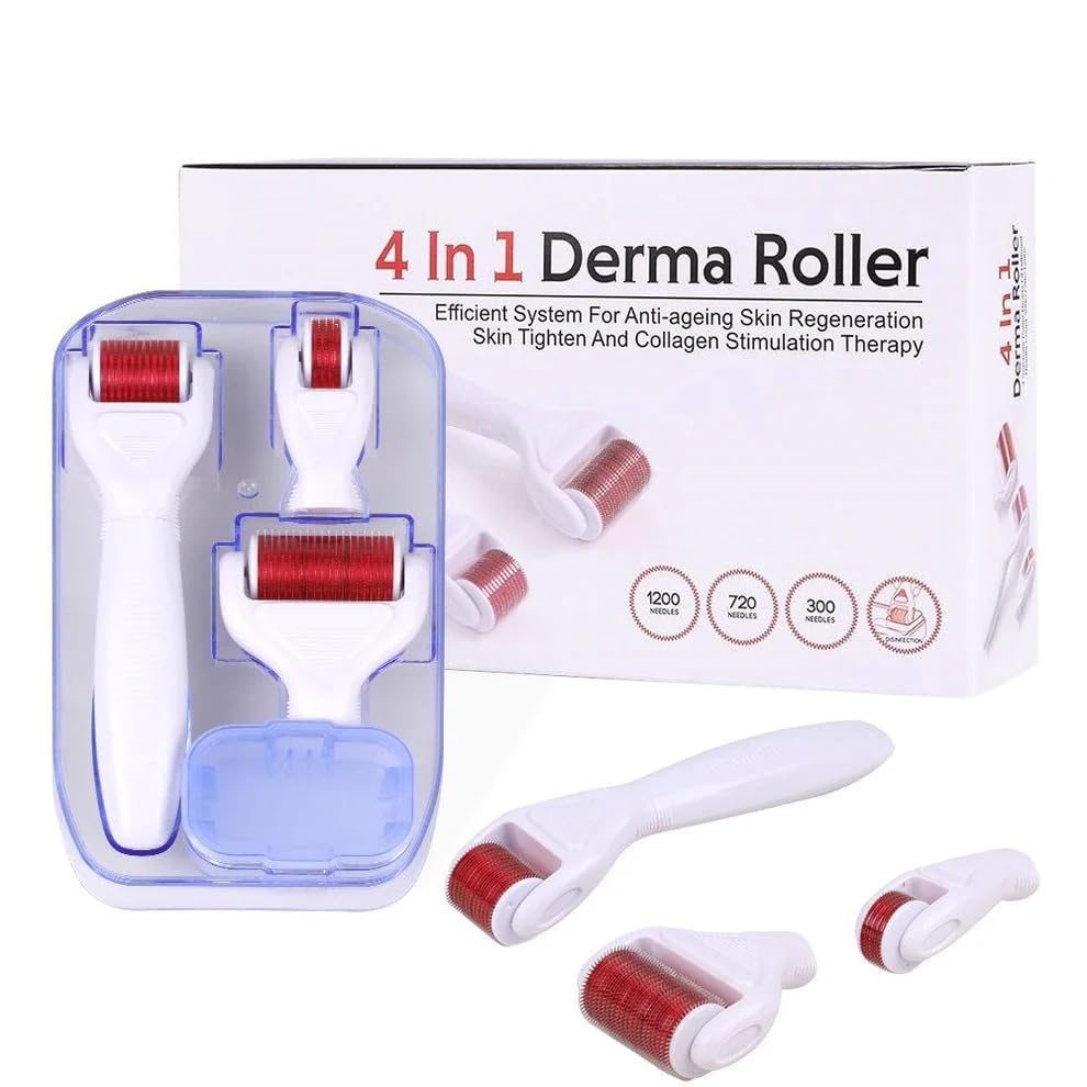 4 in 1 Derma Roller Microneedling Kit for Face and Body-Micro Needle Microdermabrasion Roller Reduce wrinkles, scars, stretch marks-3 Replaceable Heads (4 in 1 Derma Roller)